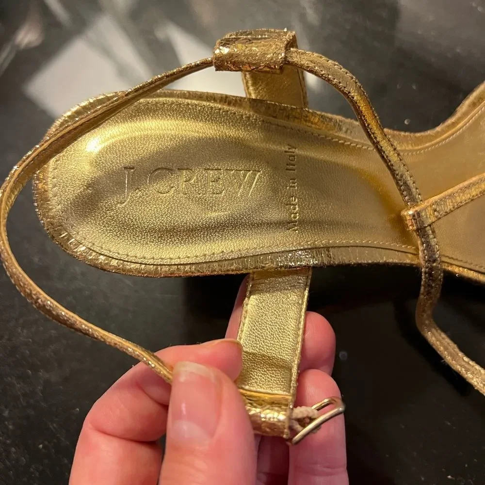 J Crew Gold Carina T-Strap Heels
